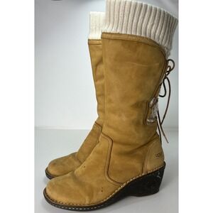 UGG Skylair Wedge Sheepskin Knit Boots Women's Size 8 Chestnut, Brown Leather